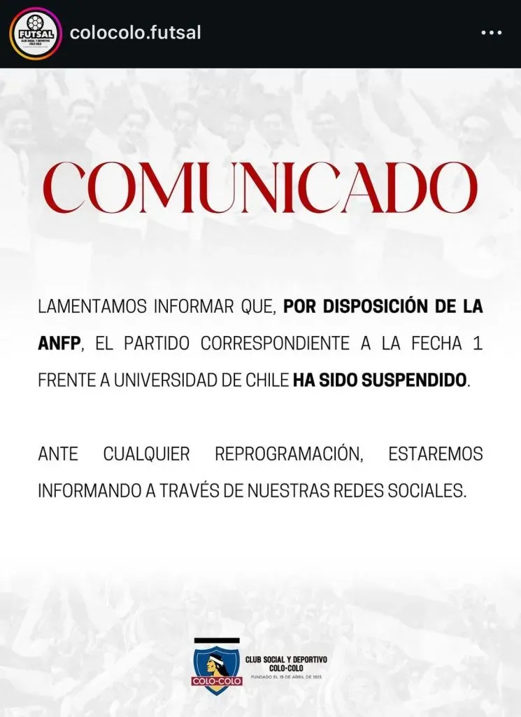 Superclásico de Futsal entre Colo Colo y la U se ve obligado a suspenderse.