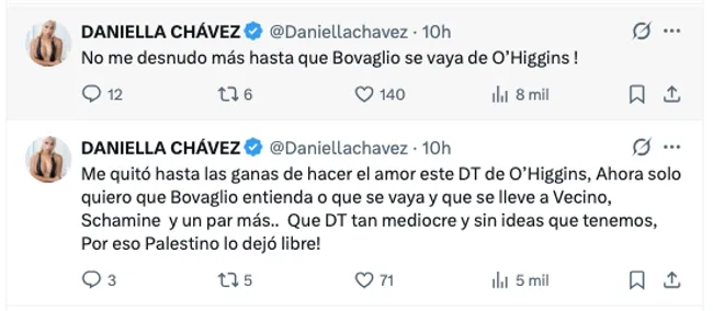 Daniella Chávez se planta en rebeldía por culpa de O'Higgins.